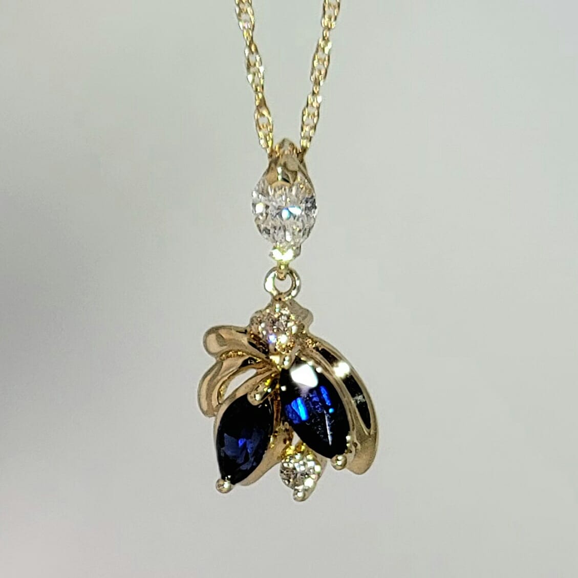 14K Yellow Gold Natural Sapphire and Diamond Pendant with a 14K Yellow Gold Pendant Chain