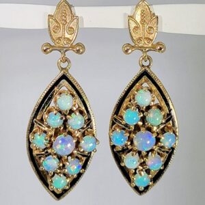 Pair of Antique 14K Yellow Gold Opal Pierced Dangle Earrings with Black Enamel