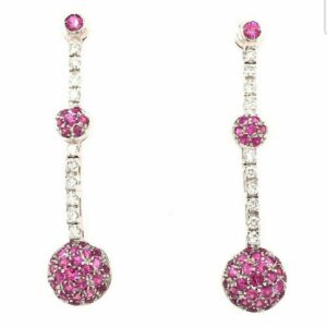 Pair of 14K White Gold Ruby and Diamond Drop and Dangle style Pierced Earrings