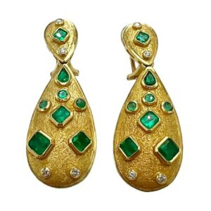 Pair of 18K Yellow Gold Natural Columbian Emerald and Diamond Statement Earrings in a Long Dangle style