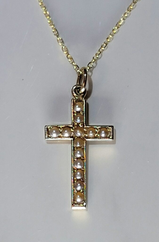 14K Yellow Gold Antique Cross Pendant set with Seed Pearls Throughout the Cross Pendant. Chains are Available for Purchase