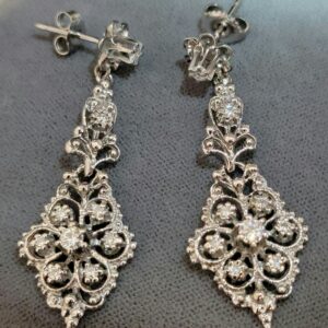 14K White Gold Pierced style Diamond Earrings in a Long Dangle style