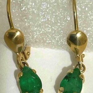 Pair of 14K Yellow Gold Natural Emerald Dangle Style Pierced Earrings with Leverback style Earring Fasteners
