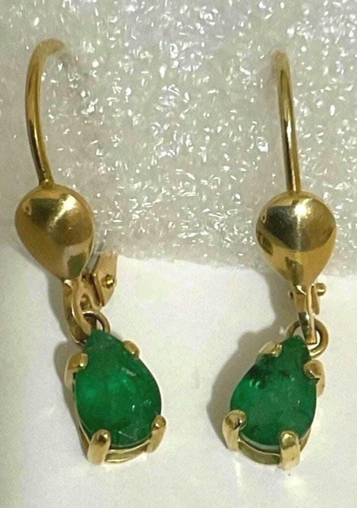 Pair of 14K Yellow Gold Natural Emerald Dangle Style Pierced Earrings with Leverback style Earring Fasteners