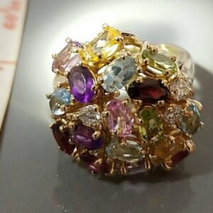 14K Yellow Gold Multi Natural Gemstone and Diamond Cocktail Statement Ring