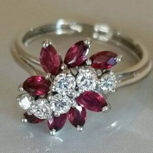 14K White Gold Natural Ruby and Diamond Vintage Cocktail Ring