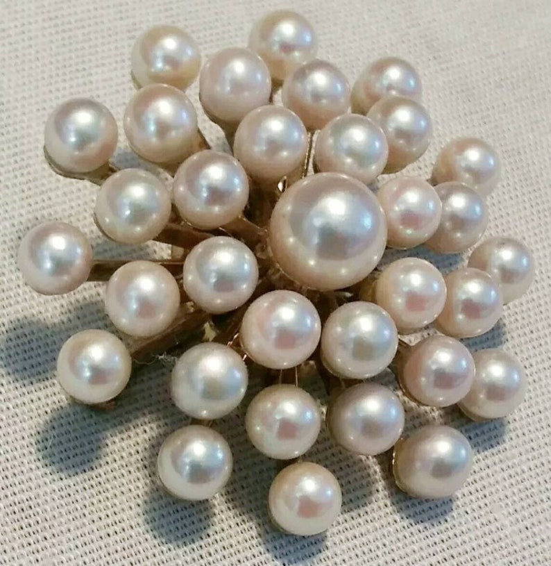 14K Yellow Gold Saltwater Cultured Pearl Cluster style Vintage Brooch