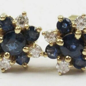 Pair of 14K Yellow Gold Natural Sapphire and Diamond Flower Design Cluster style Earrings