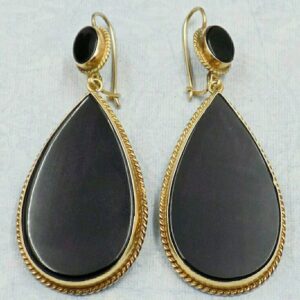 Pair of 14K Yellow Gold and Onyx Pierced Statement Earrings