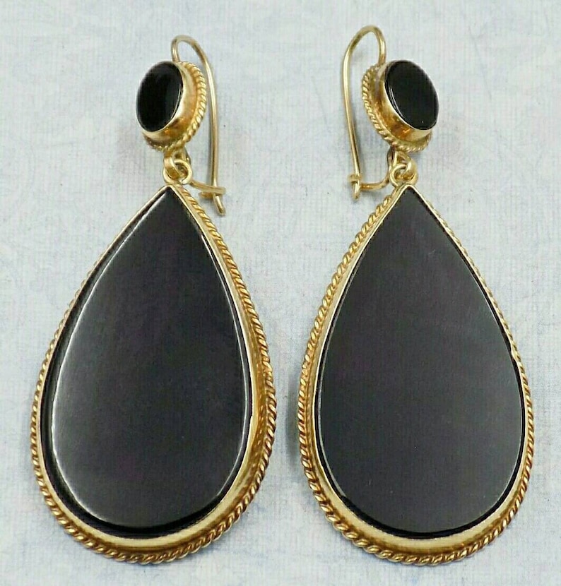 Pair of 14K Yellow Gold and Onyx Pierced Statement Earrings