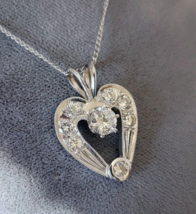 14K White Gold Diamond Heart Shaped Pendant on a 14K Gold Pendant Chain - Image 2