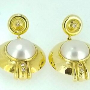 Pair of Vintage 18K Yellow Gold Mabe Pearl and Diamond Pierced Earrings
