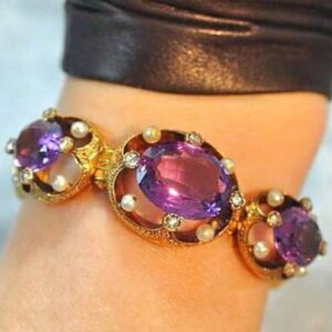 Antique 18K Yellow Gold Amethyst, Diamond and Pearl Bracelet