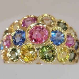Multi Color Genuine Sapphire Gemstone 14K Yellow Gold Statement Ring