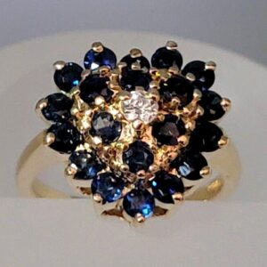 14K Yellow Gold Natural Sapphire and Diamond Heart Shaped Vintage Ring