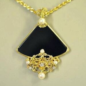 Custom Designed Onyx, Pearl and Diamond Pendant with Necklace Chain