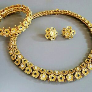 18K Gold and Platinum Sapphire, Diamond Necklace, Bracelet, Earring set. FRANCE.