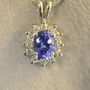14K White Gold Tanzanite and Diamond Pendant Necklace, 16 Inch Chain