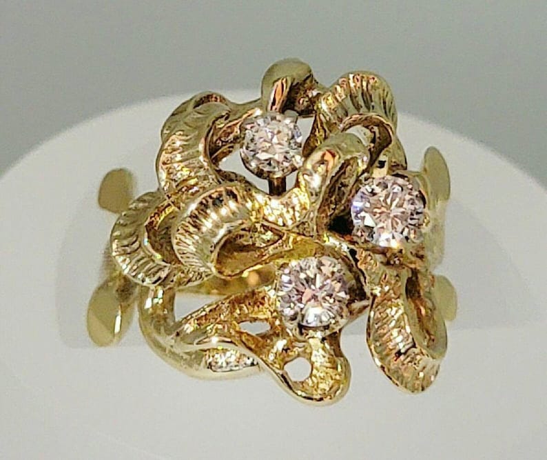 14K Yellow Gold Three Stone Diamond Cocktail Statement Ring