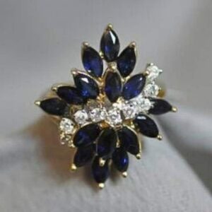 14K Yellow Gold Natural Sapphire and Diamond Cocktail Ring