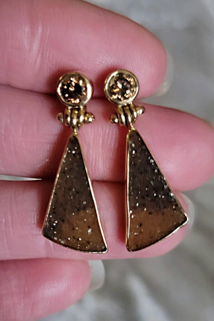 Pair of 14K Yellow Gold Ombre Chocolate Druzy Quartz and Cognac Diamond Earrings