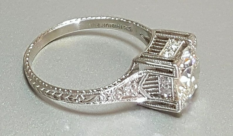 Antique Platinum Diamond Ring, Scroll Design, Size 7 3/4