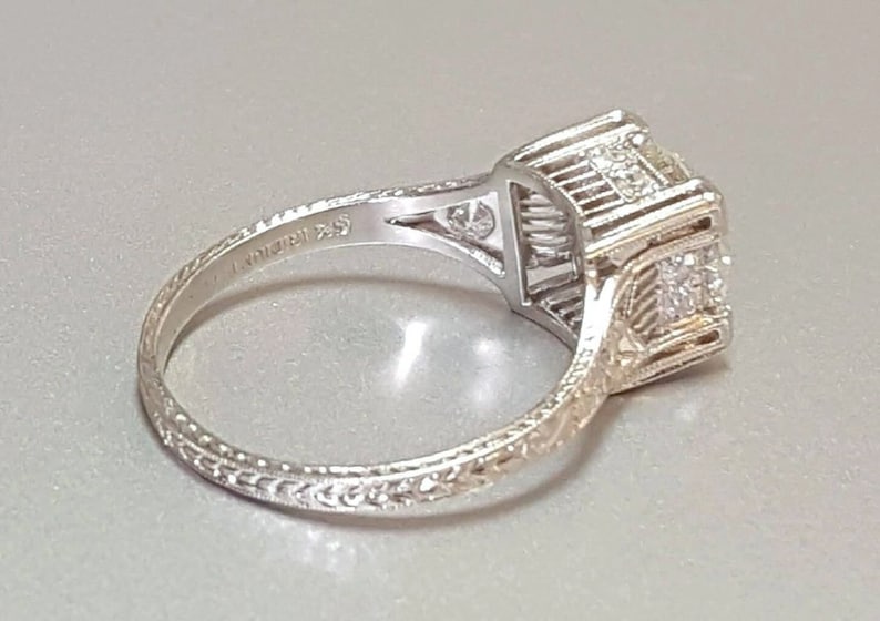 Antique Platinum Diamond Ring, Scroll Design, Size 7 3/4 - Image 4
