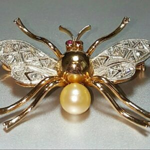 Antique 14K Gold Butterfly Brooch, Ruby, Diamond & Pearl