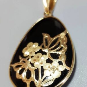 14K Yellow Gold Onyx Teardrop Pendant, Floral Design