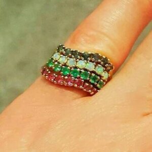 14K Yellow Gold Genuine Multi Gemstone Connected Together Stackable Ring