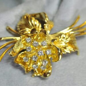18K Yellow Gold Diamond Floral Brooch, Statement Jewelry