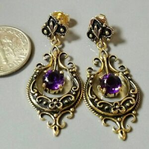 Pair of 14K Yellow Gold Dangle style Amethyst with Enamel Vintage Earrings