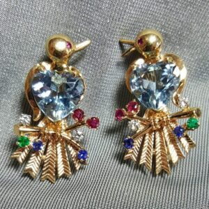 Pair of 14K Yellow Gold Aquamarine, Diamonds and Gemstones Birds Design Brooches