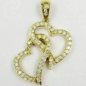 Signed LEELA 750 / 18K Yellow Gold 54 Diamonds Interlocking Heart Pendant 2.20 grams
