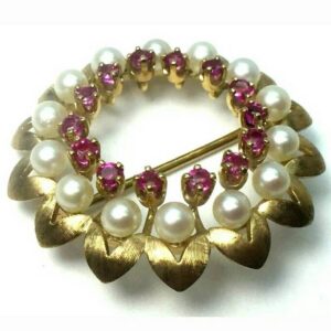 14K Yellow Gold Fine Quality Saltwater Cultured Pearl and Genuine Ruby Brooch