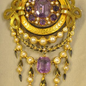 Antique 18K Yellow Gold Amethyst, Pearl and Enamel Statement Pendant Brooch
