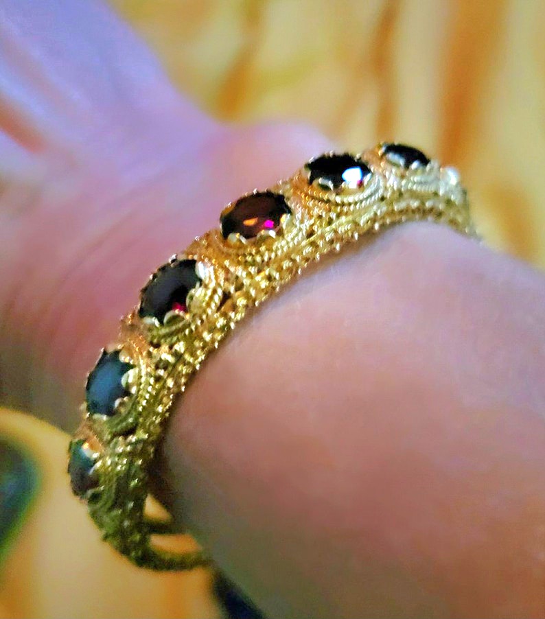 Vintage 14K Yellow Gold Garnet Bangle Bracelet, Textured Finish