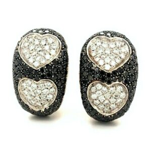 18K White Gold Black & White Diamond Heart Earrings