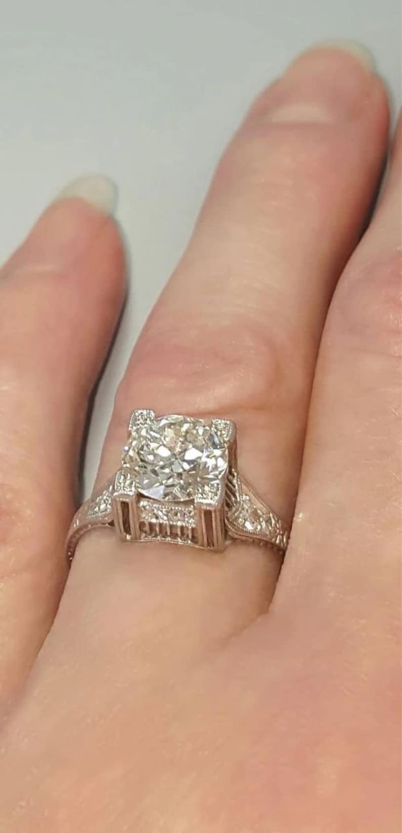 Antique Platinum Diamond Ring, Scroll Design, Size 7 3/4 - Image 3