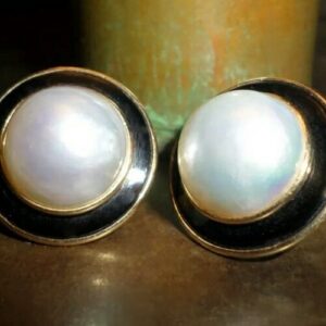 14K Gold Mabe Pearl Earrings with Black Onyx, Omega Backs