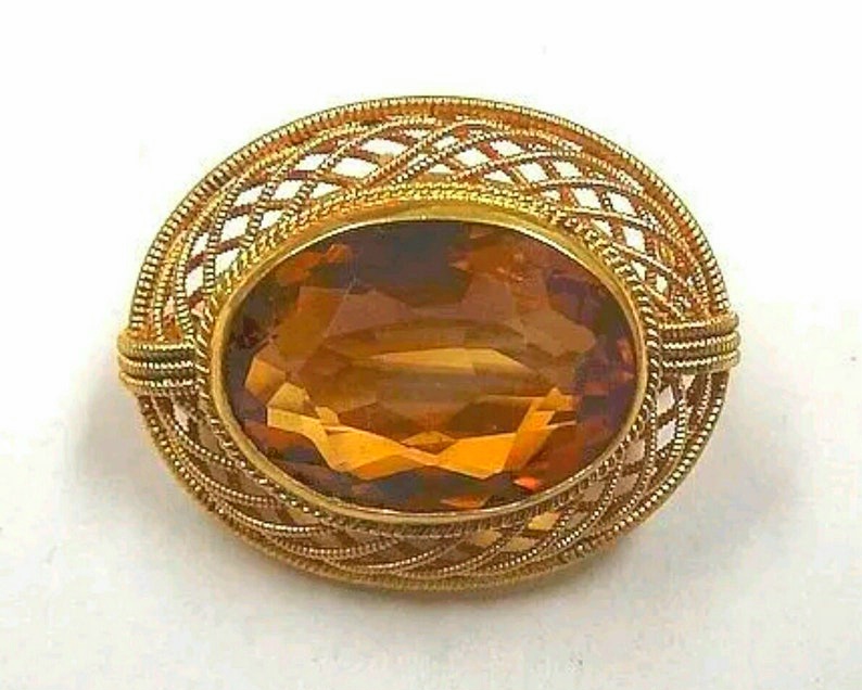 14K Yellow Gold Vintage Citrine Oval Shaped Pin Brooch