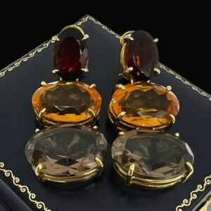 Sold. Pair of 14K Yellow Gold Dangle style Garnet, Citrine and Smokey Quartz Gemstone Pierced Earrings. Weighing 27.30 grams