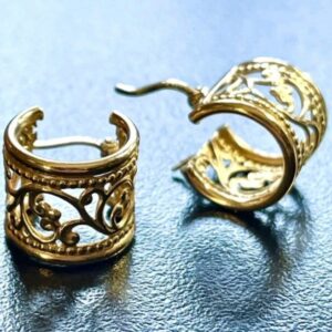 Sold. Pair of 14K Yellow Gold Wider Hoop style Earrings with a Pierced Scroll Design