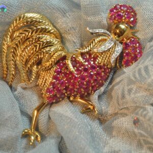 18K Yellow Gold Natural Ruby and Diamond Rooster Brooch. A GIA Report is Included