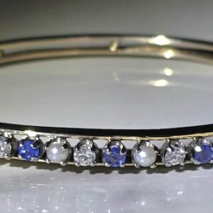 Vintage 14K Gold Hinged Bangle Bracelet, Sapphire, Diamond, Pearl