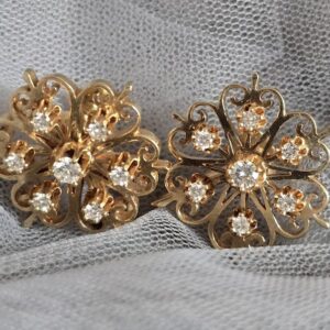 Pair of 14K Yellow Gold Non Pierced Diamond Earrings. New Wire Earring Backs are Being Added to the Earrings at this Time for Pierced Ears.
