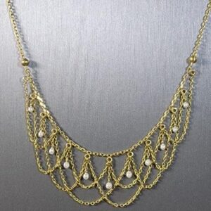 18K Yellow Gold Chain Link and Seed Pearl Antique Festoon Necklace