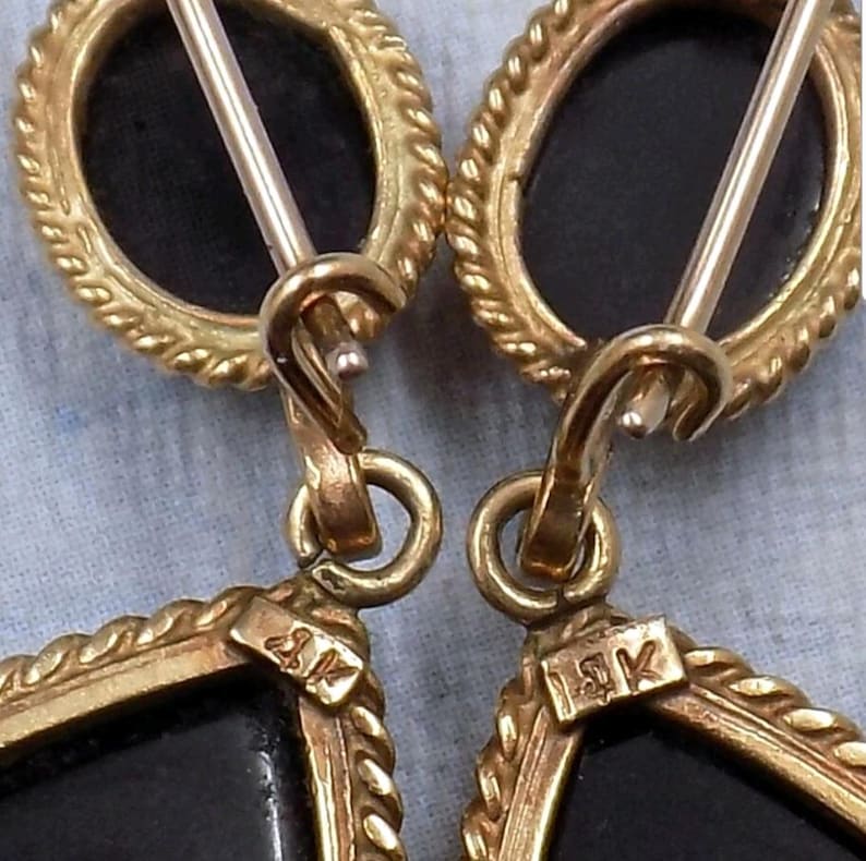 Pair of 14K Yellow Gold and Onyx Pierced Statement Earrings - Image 3