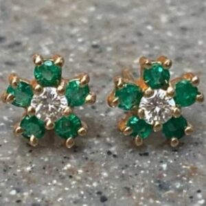 Pair of 14K Yellow Gold Natural Emerald and Diamond Pierced Earrings in a Flower Design