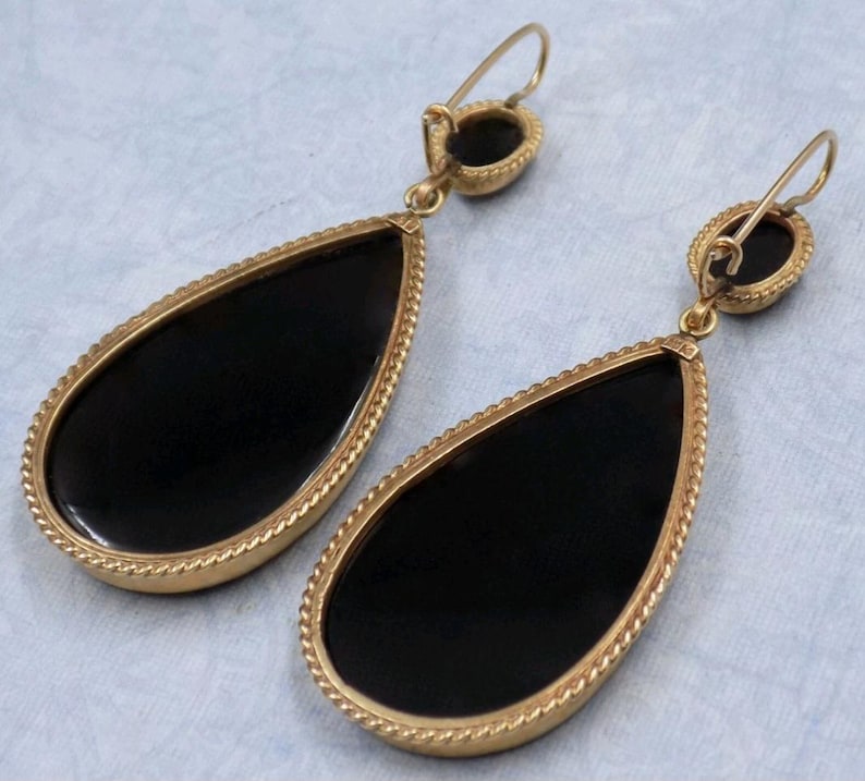 Pair of 14K Yellow Gold and Onyx Pierced Statement Earrings - Image 2